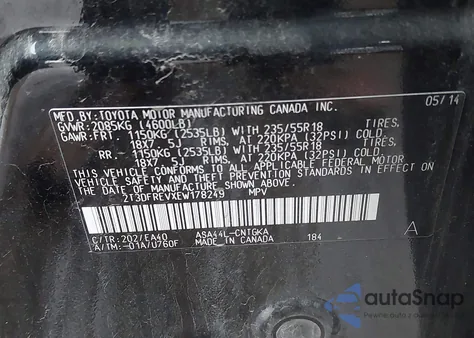 2014 Toyota Rav4 Limited z USA, uszkodzony, nr VIN 2T3DFREVXEW178249